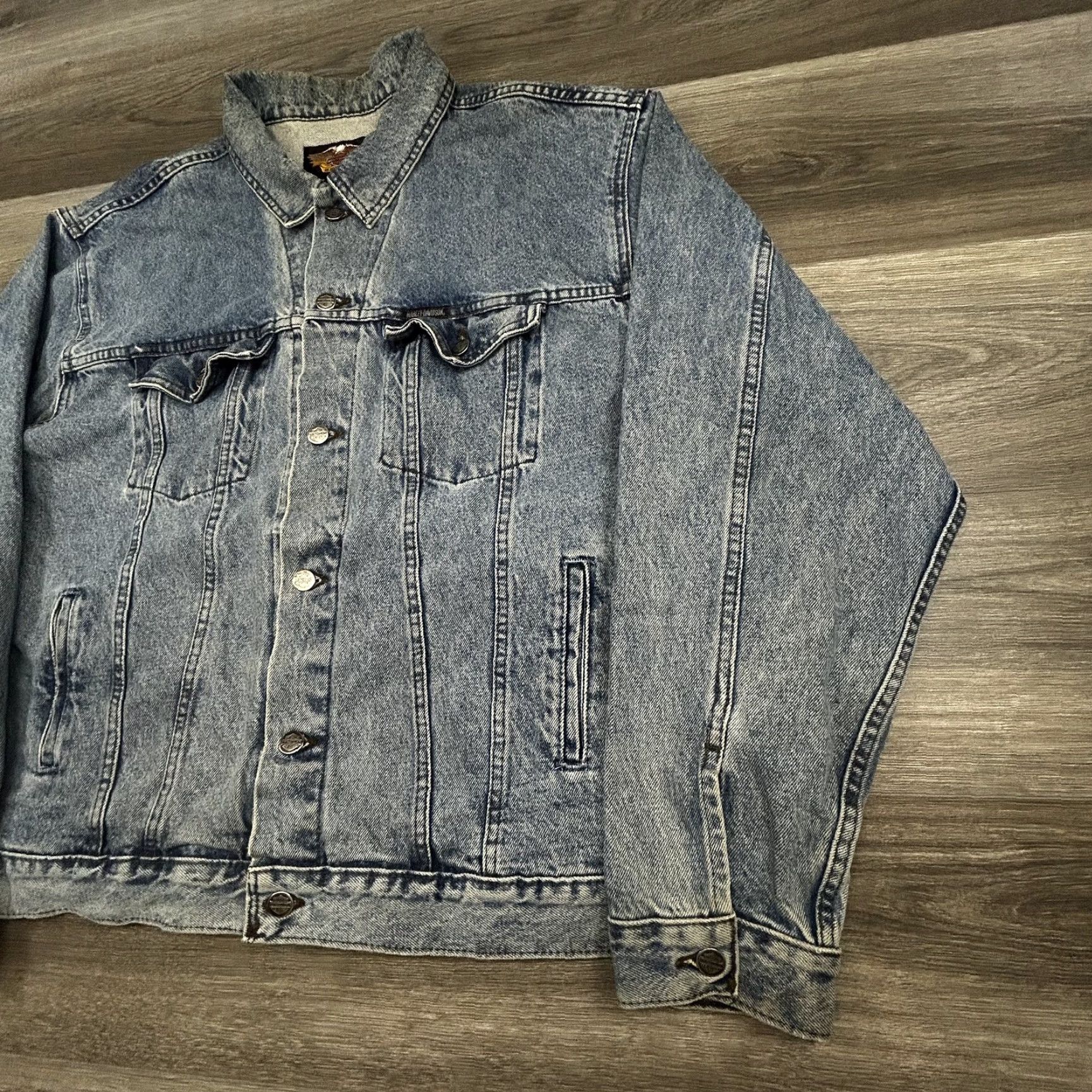 Harley Davidson VINTAGE Harley-Davidson Denim Jacket Mens 2XL Blue Eagle USA Flag Biker 90s Size US XXL / EU 58 / 5 - 4 Thumbnail