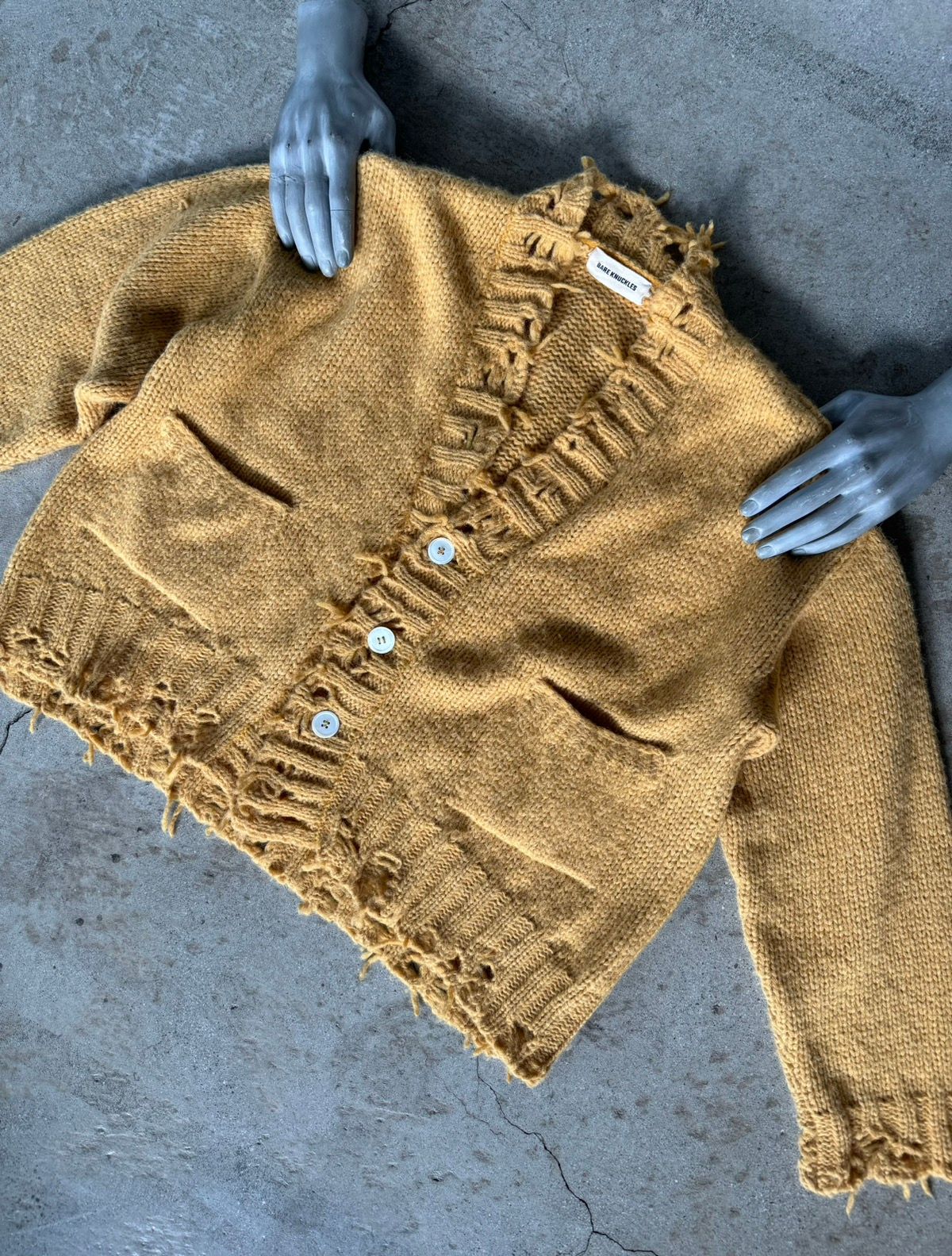 Pre-owned Bare Knuckles Thrashed Knit Alpaca Wool Cardigan Sweater In Yellow