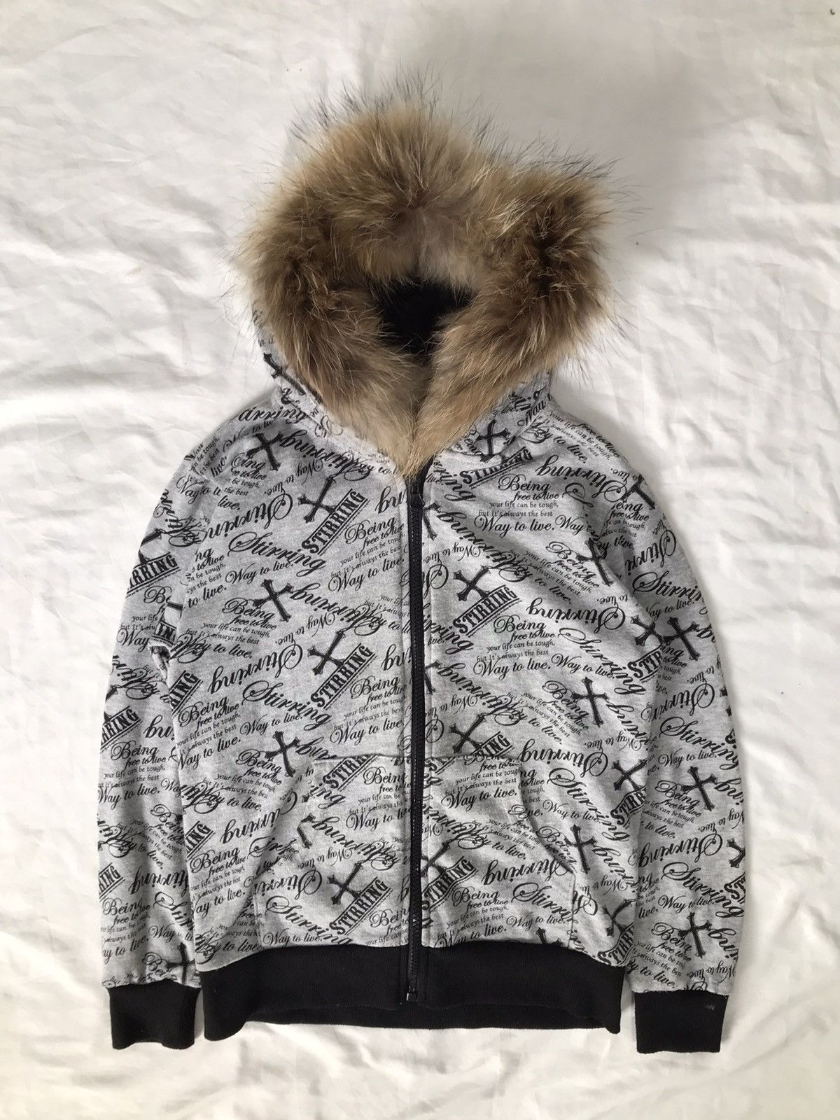 Image of 14Th Addiction x Kmrii Cross Poem Fur Hoodie Japanese Saucy Cool in Grey, Men's (Size XS)