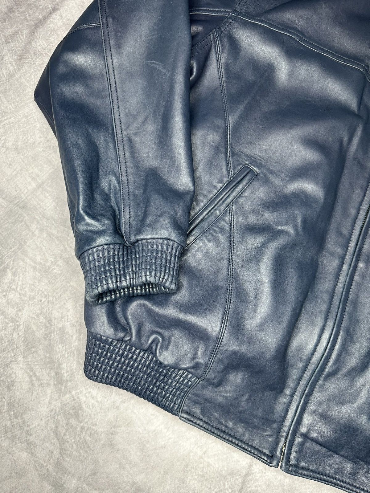 Other Leather Bomber Jacket Navy Blue Zip Pockets Size US XXL / EU 58 / 5 - 4 Thumbnail