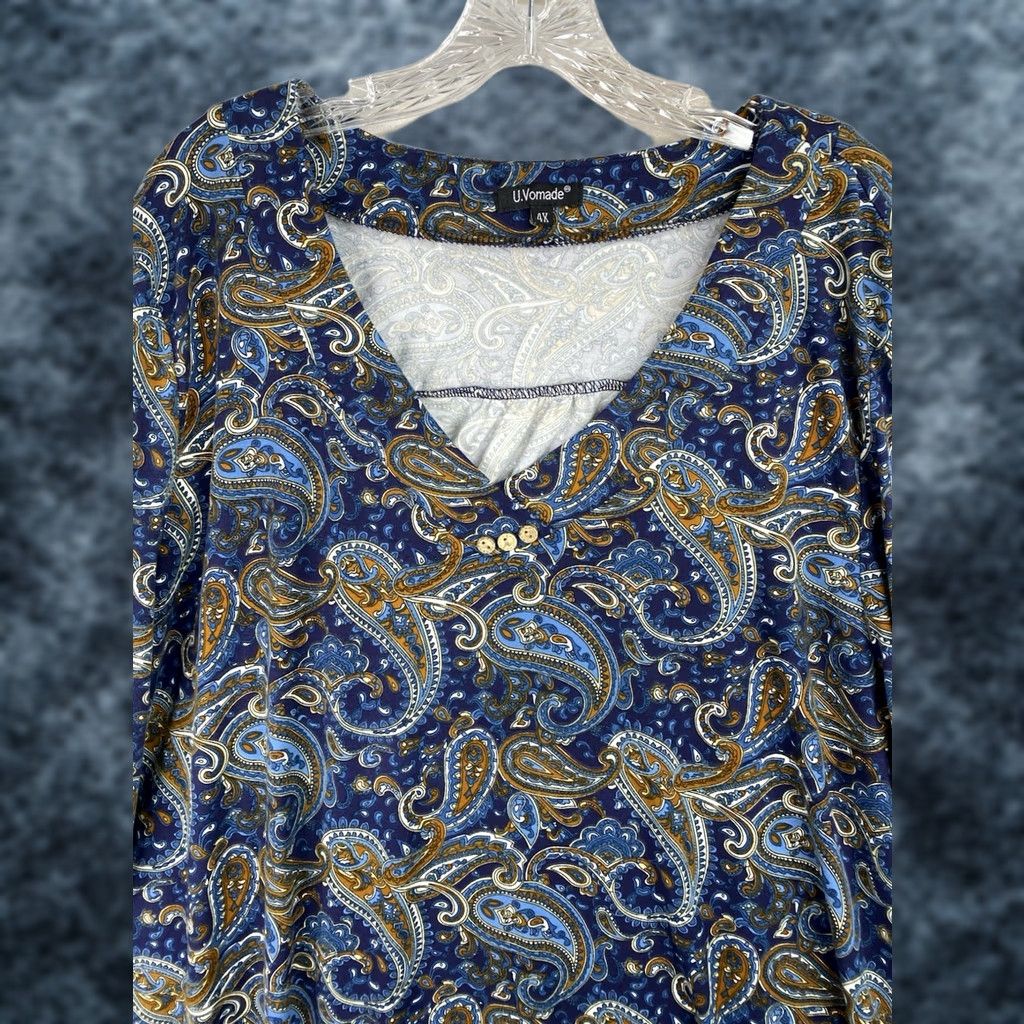 Vintage U. Vomade Tunic Blue Paisley Print Long Sleeve Plus 4X Knit V-Neck Button Stretch Adult Womens Size XXL / US 16-18 / IT 52-54 - 1 Thumbnail