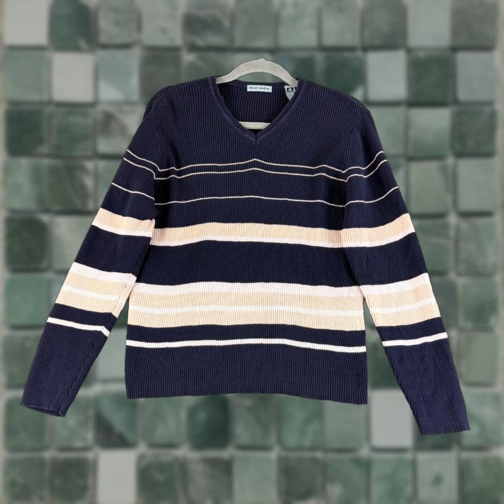 Vintage Marsh Landing Top Womens Large Blue Stripe Long Sleeve 100% Cotton V-Neck Casual Shirt Size L / US 10 / IT 46 - 1 Thumbnail