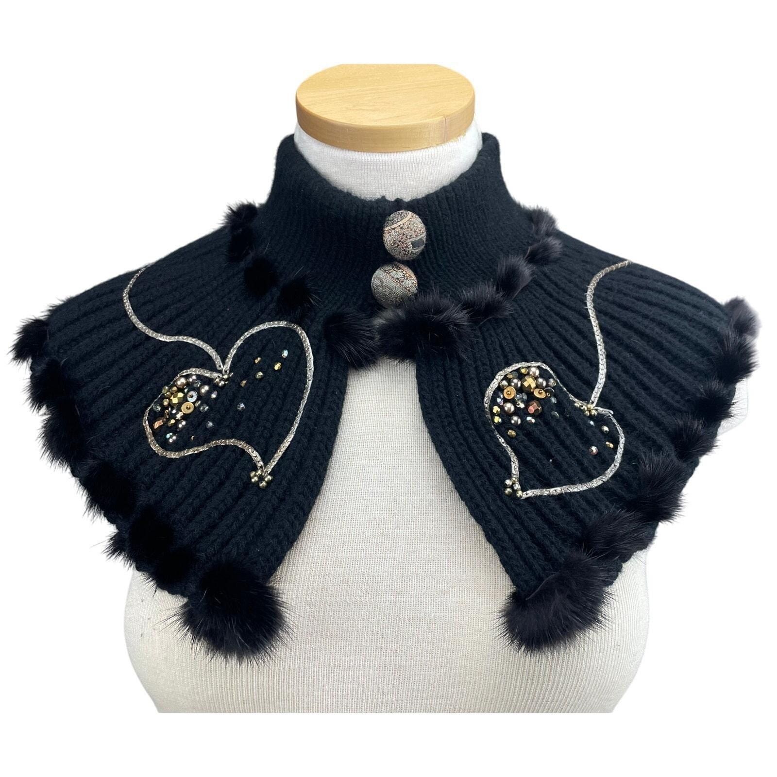 Handmade MINAPOE Wrap Scarf Black Cashmere Fur Button Handmade Collar Size ONE SIZE - 1 Thumbnail