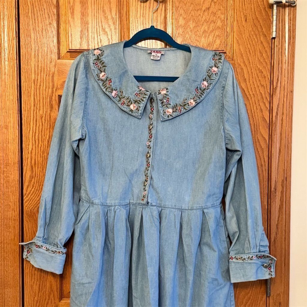 Other FADS Vintage Blue Denim Embroidered Collar Long Sleeve Midi Size XL / US 12-14 / IT 48-50 - 3 Thumbnail
