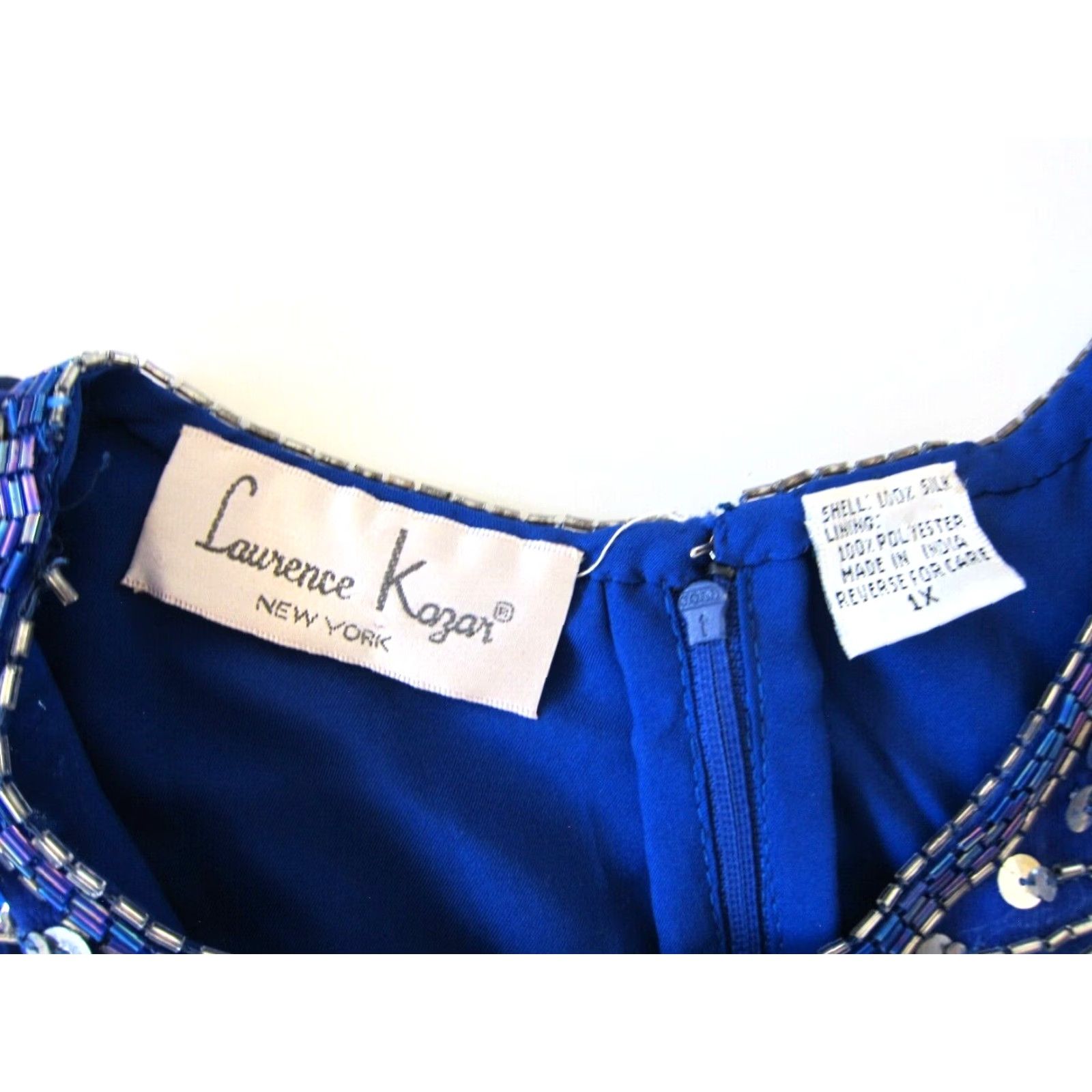 Vintage VINTAGE Laurence Kazar 100% Silk Blue Silver Beaded Sequin Short Sleeve Tunic Dress 1X Size 40" / US 18 - 4 Thumbnail