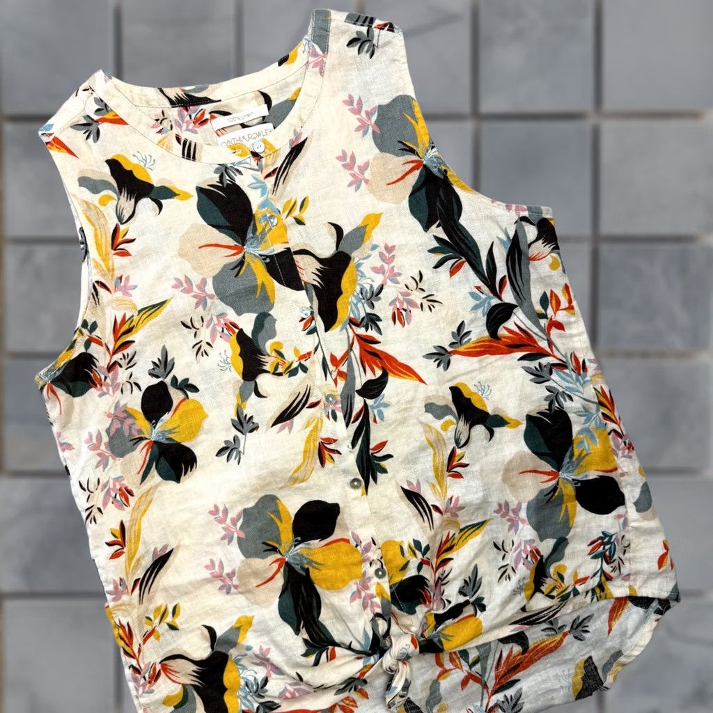 Cynthia Rowley Womens Linen Top Medium Beige Floral Sleeveless Resort Beach Tropical Tied Hem Cynthia Rowley Shirt Adult M Beige Floral Beach Tropical Casual Womens Size M / US 6-8 / IT 42-44 - 1 Thumbnail