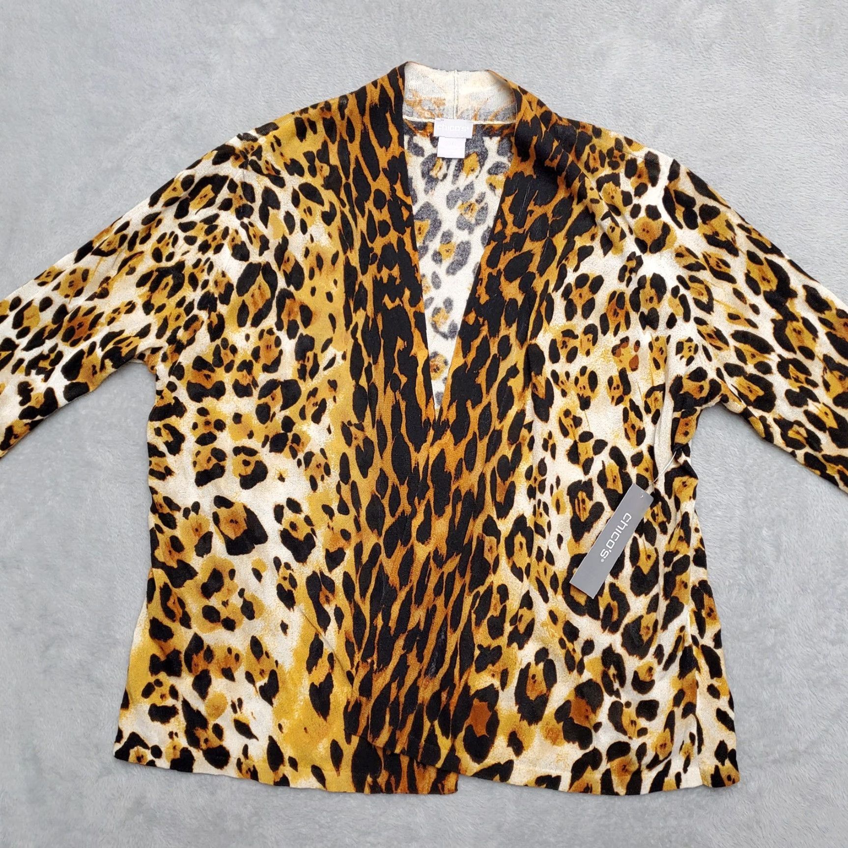Vintage Chicos Womens Sweater Cardigan Open Front Knit Gold Cat Print Sz 1 US 8 Regular Shirt Womens Mens Girls Boys Size XS / US 0-2 / IT 36-38 - 2 Thumbnail