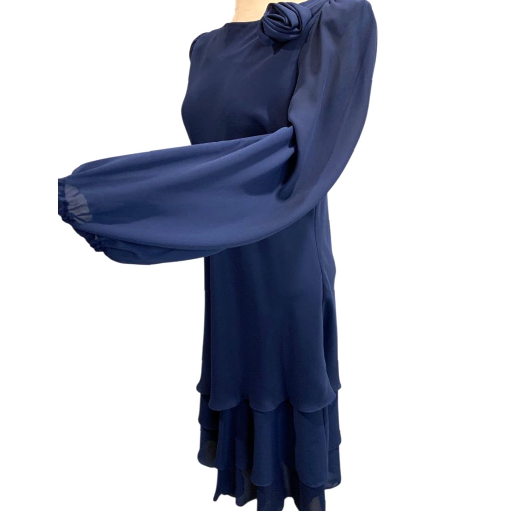 Vintage VINTAGE After Dark Navy Blue Dress Shoulder Pads Rosette Medium M Women Dress Long Blue Rosette 44" Shoulder to Hem Mens? Women? Size M / US 6-8 / IT 42-44 - 5 Thumbnail