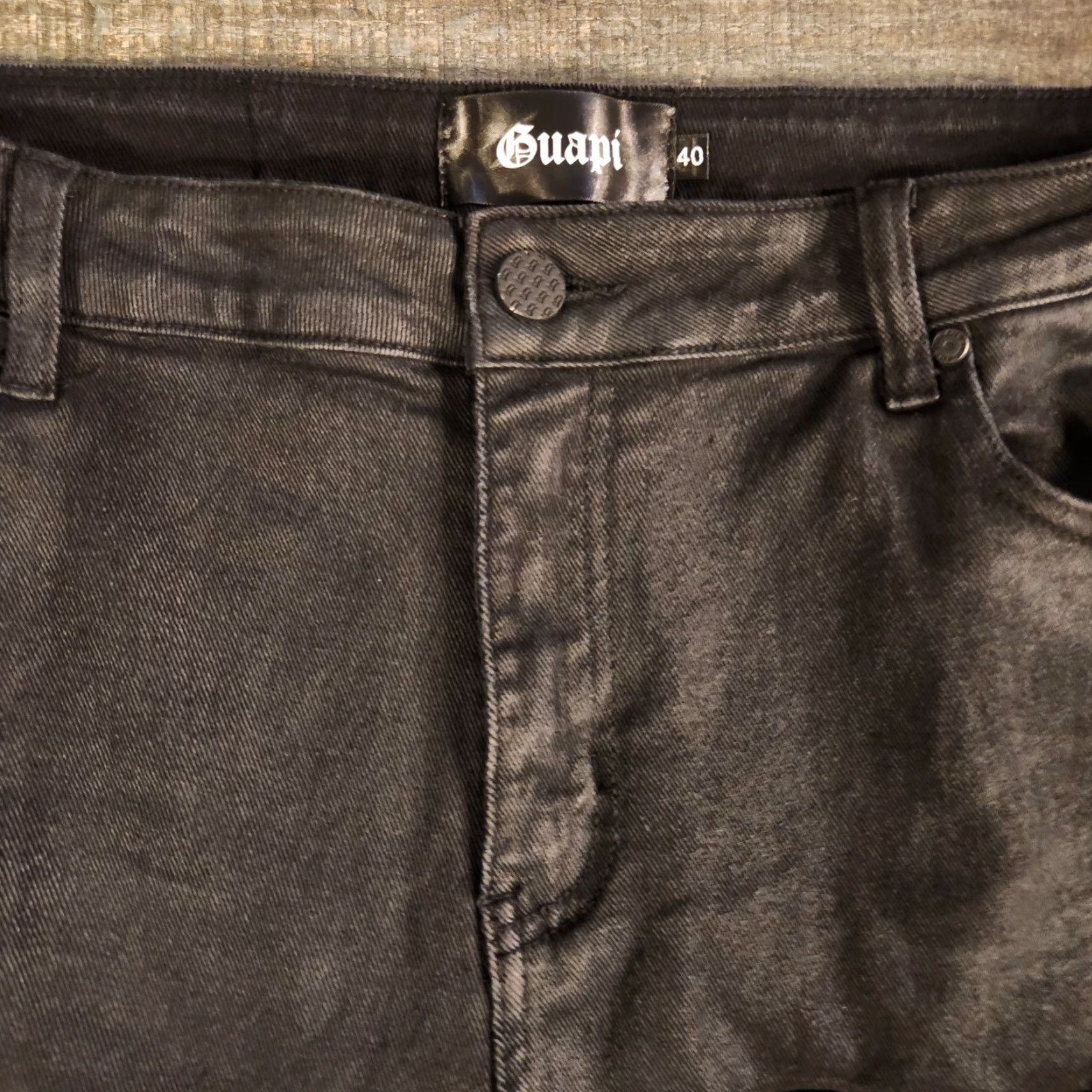 Vintage Guapi Jeans Mens 40x37 Stacked Waxed Black Carpenter Pockets Distressed Cargo Pocket Slim Regular Jeans 40 In Se 37 In Navy? Size US 40 / EU 56 - 6 Thumbnail