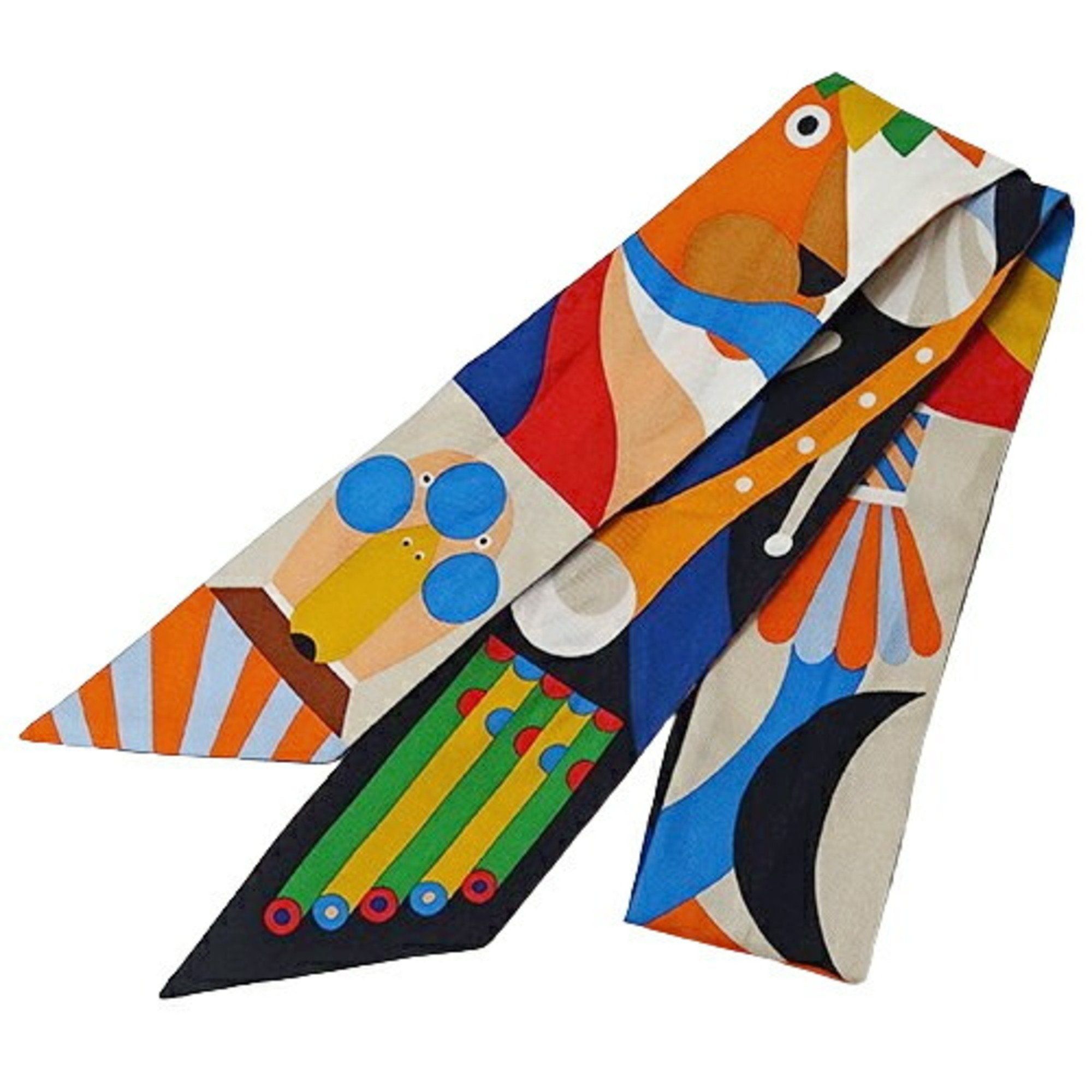 image of Hermes Scarf Women's Twilly Parade En Fanfare Silk Orange Navy Multicolor Animal in Black