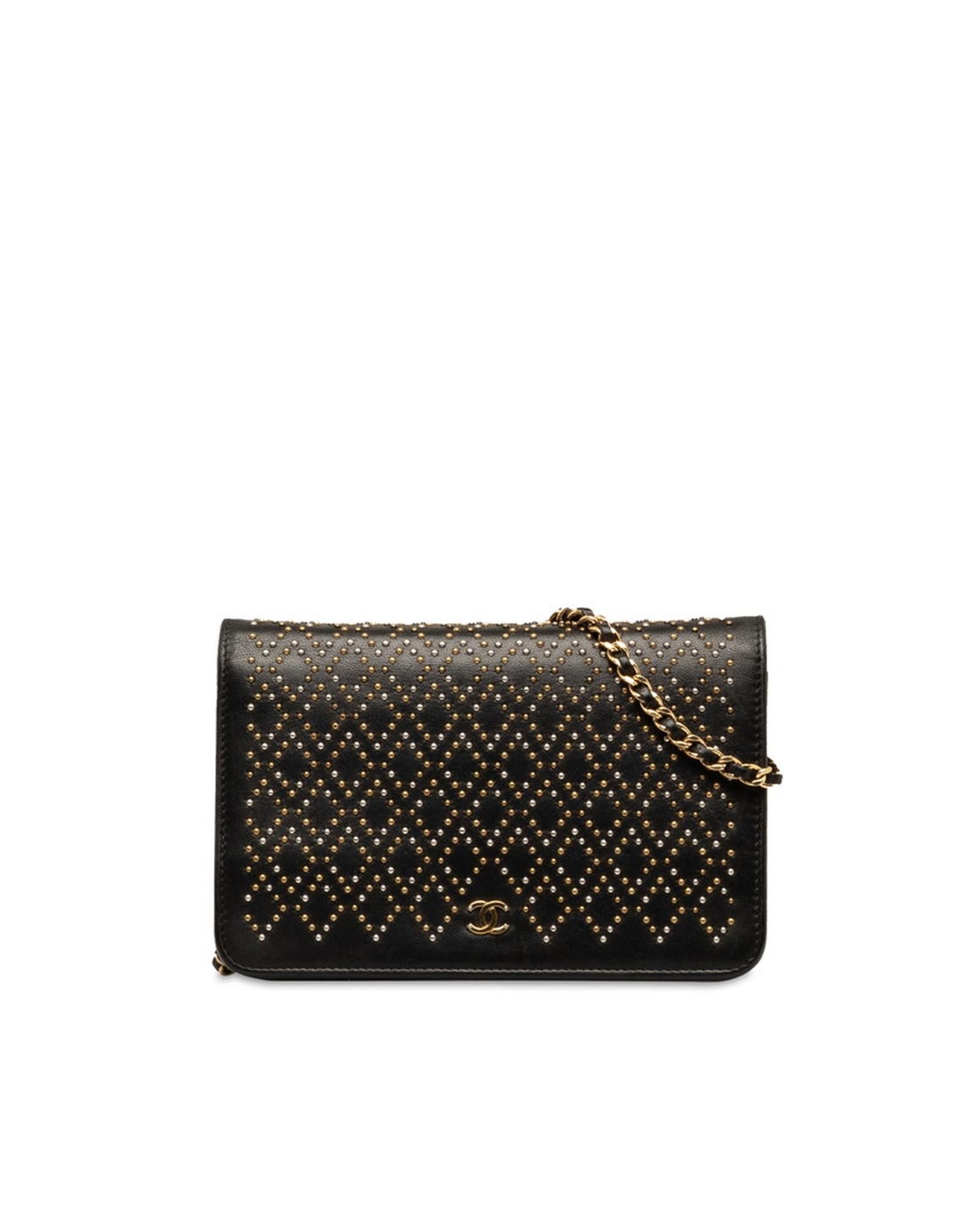 image of Chanel Studded Leather Wallet On Chain - Black, Women's