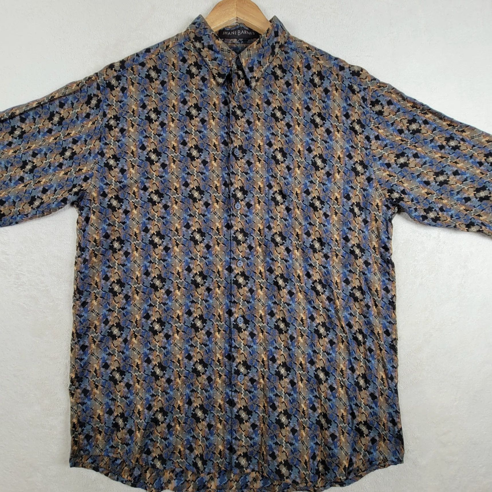 Vintage Jhane Barnes Shirt Mens M Cotton Black/ Brown Graphic Print Button-Up Silk Blend Long Sleeve Collared Pocket Designer Hipster 90s? Size US M / EU 48-50 / 2 - 3 Thumbnail
