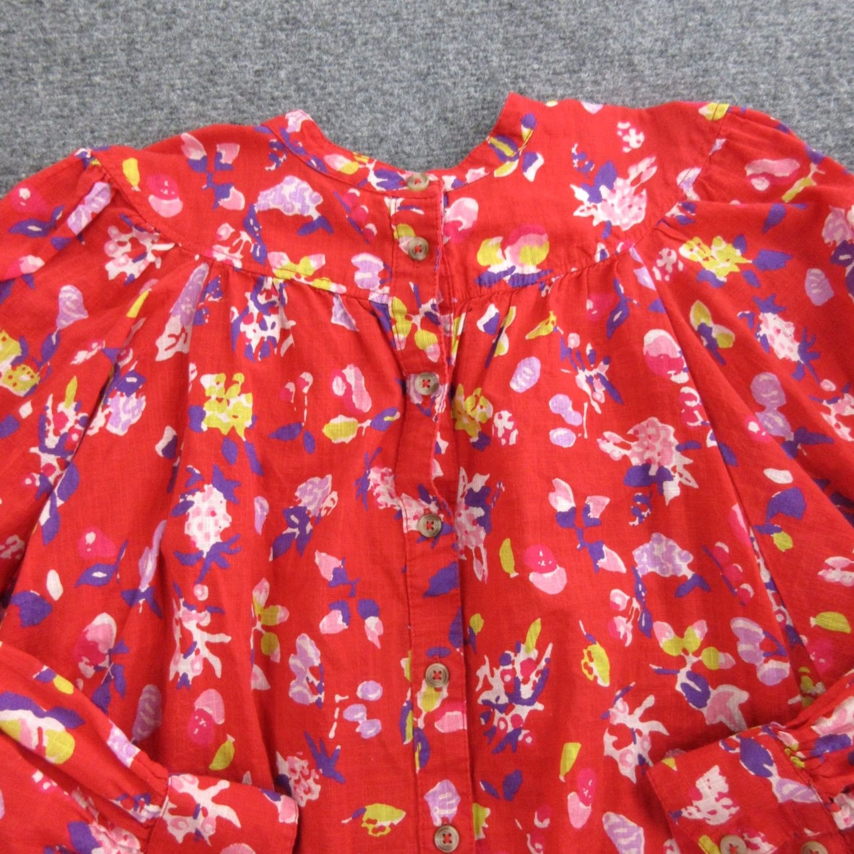 Vintage Maeve Blouse Womens L Red Floral Round Neck Button Balloon Sleeve Tunic Top Size L / US 10 / IT 46 - 2 Thumbnail