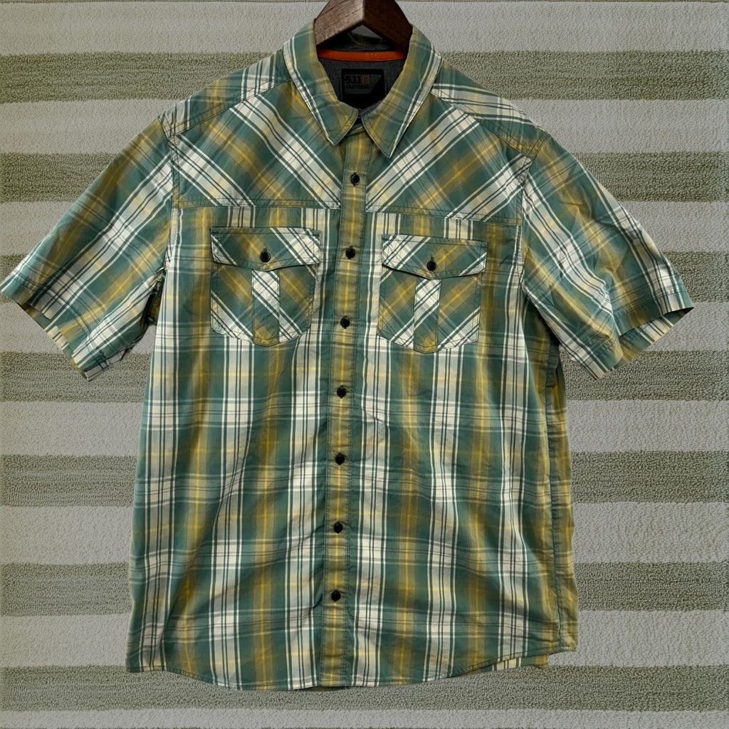 5.11 Tactical Shirt Mens Medium Green Yellow Plaid Short Sleeve Snap Button Down, Men's