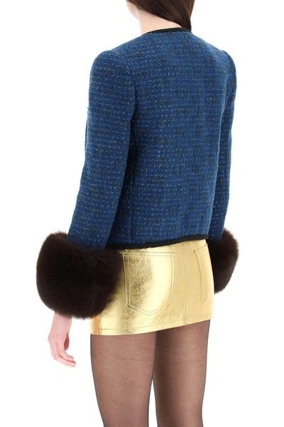 Saint Laurent Paris o1s1wg111224 Tweed Jacket With Faux Fur Cuffs in Blue/Black Size XL / US 12-14 / IT 48-50 - 3 Thumbnail