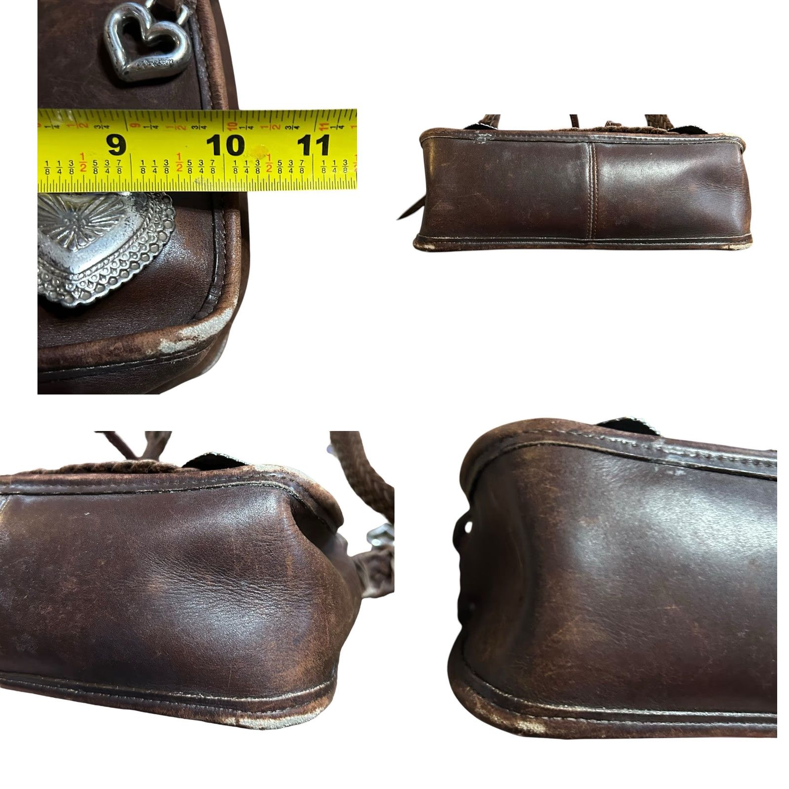 Brighton VINTAGE Brighton Western Crossbody Purse Hearts Leather Brown Conchos Damaged Women Crossbody Bag Medium Brown Leather, Silver Hardware Women Size ONE SIZE - 8 Thumbnail