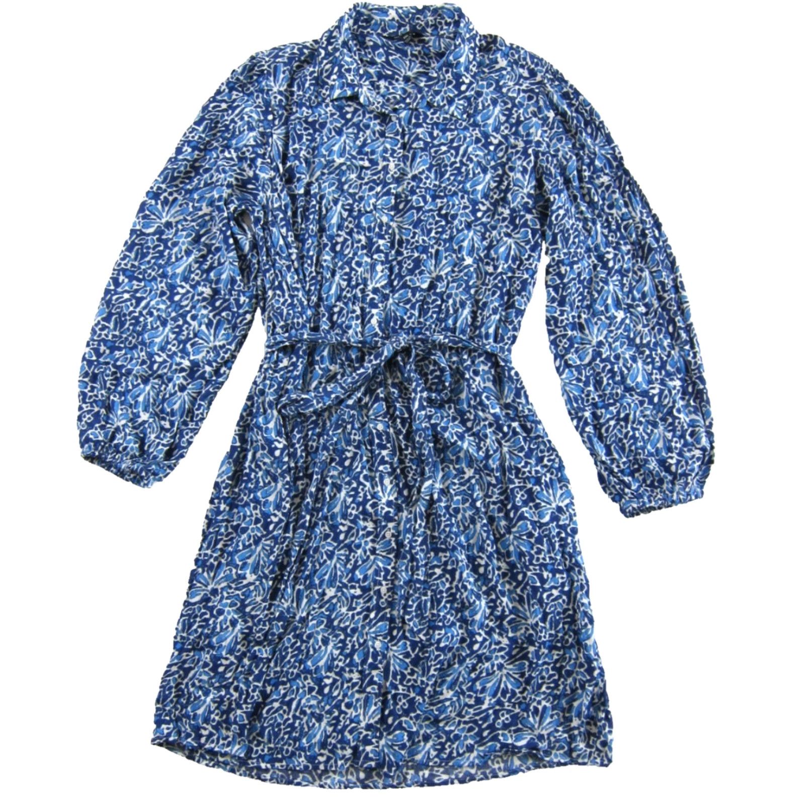 Vintage Well Worn Women Crepe Tie-Belt Long Sleeve Button Shirt Dress Blue Floral XXL Size XXL / US 16-18 / IT 52-54 - 2 Thumbnail