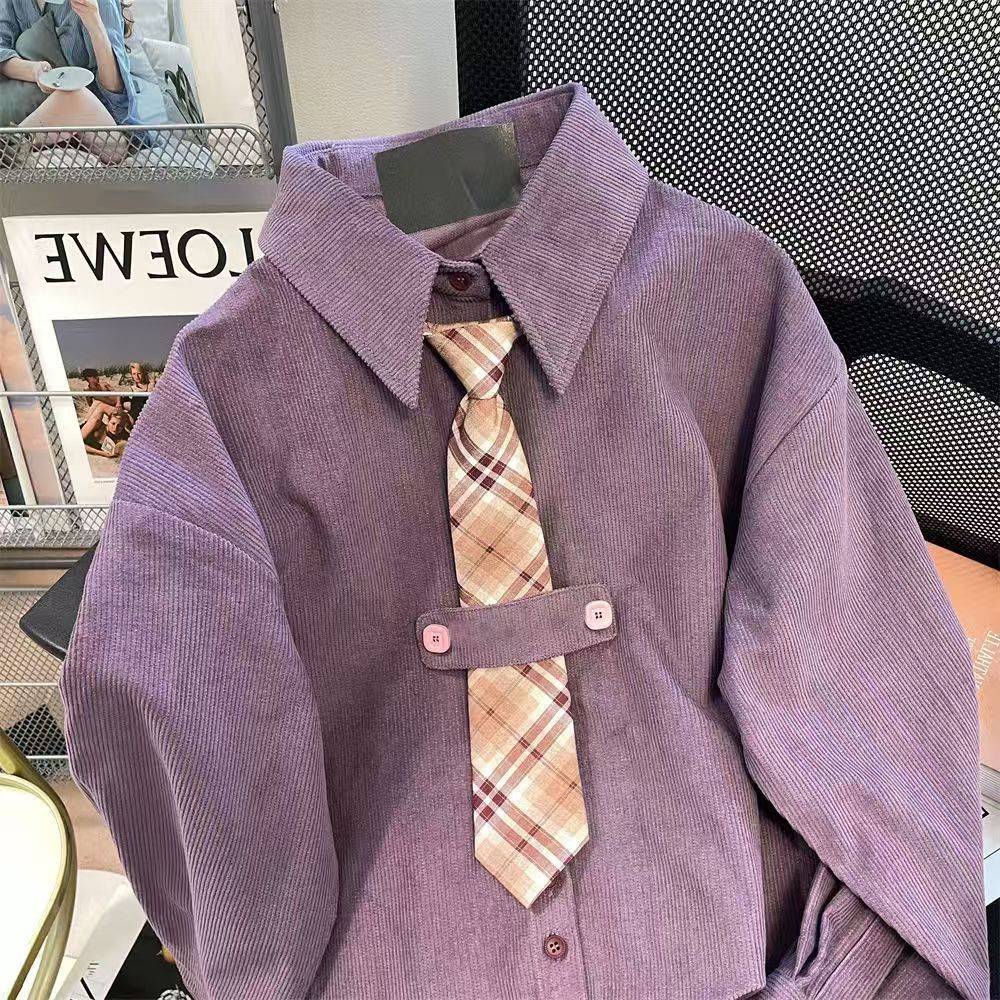 Vintage Purple Corduroy Fake Two-Piece Tie Shirt Size US M / EU 48-50 / 2 - 2 Thumbnail