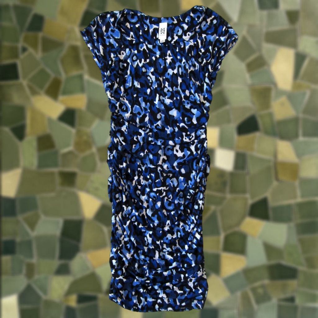 Marcs Marc Bouwer Leopard Stretch Cap Sleeve Ruched Bodycon Dress XS Blue White Black Leopard Pattern Midi Party/Cocktail Womens Size XS / US 0-2 / IT 36-38 - 1 Thumbnail