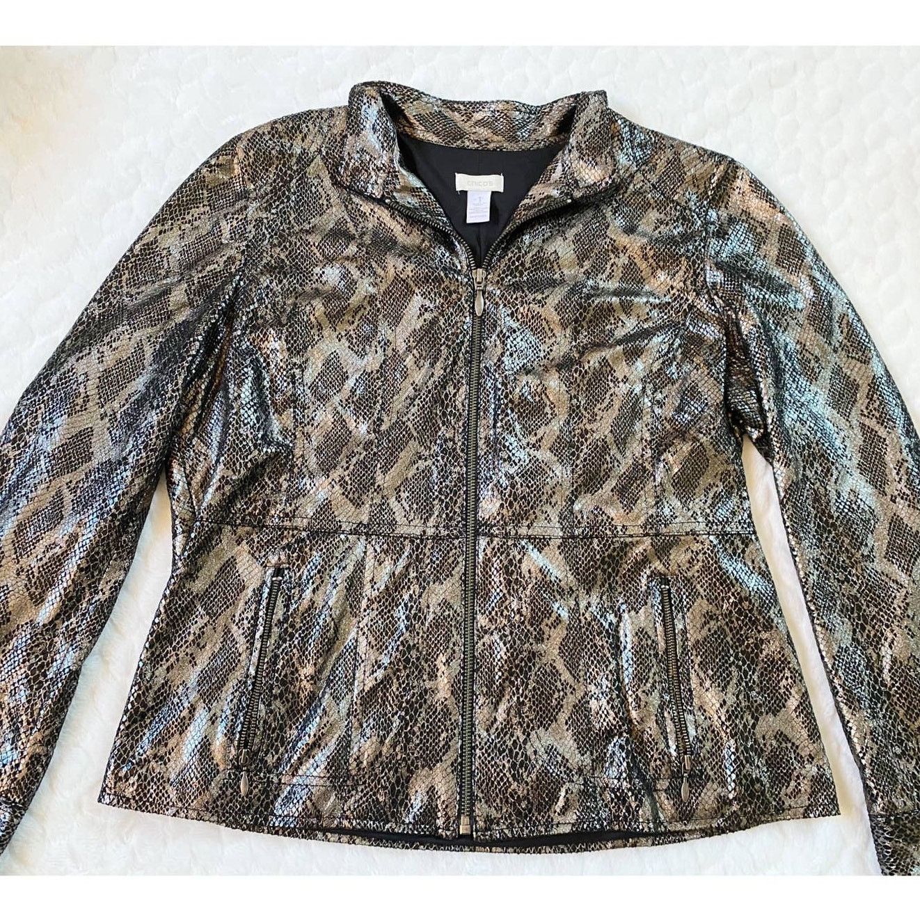 Chicos Chico’s Black Bronze Metallic Zip Jacket Snake Python Print Size M / US 6-8 / IT 42-44 - 1 Thumbnail