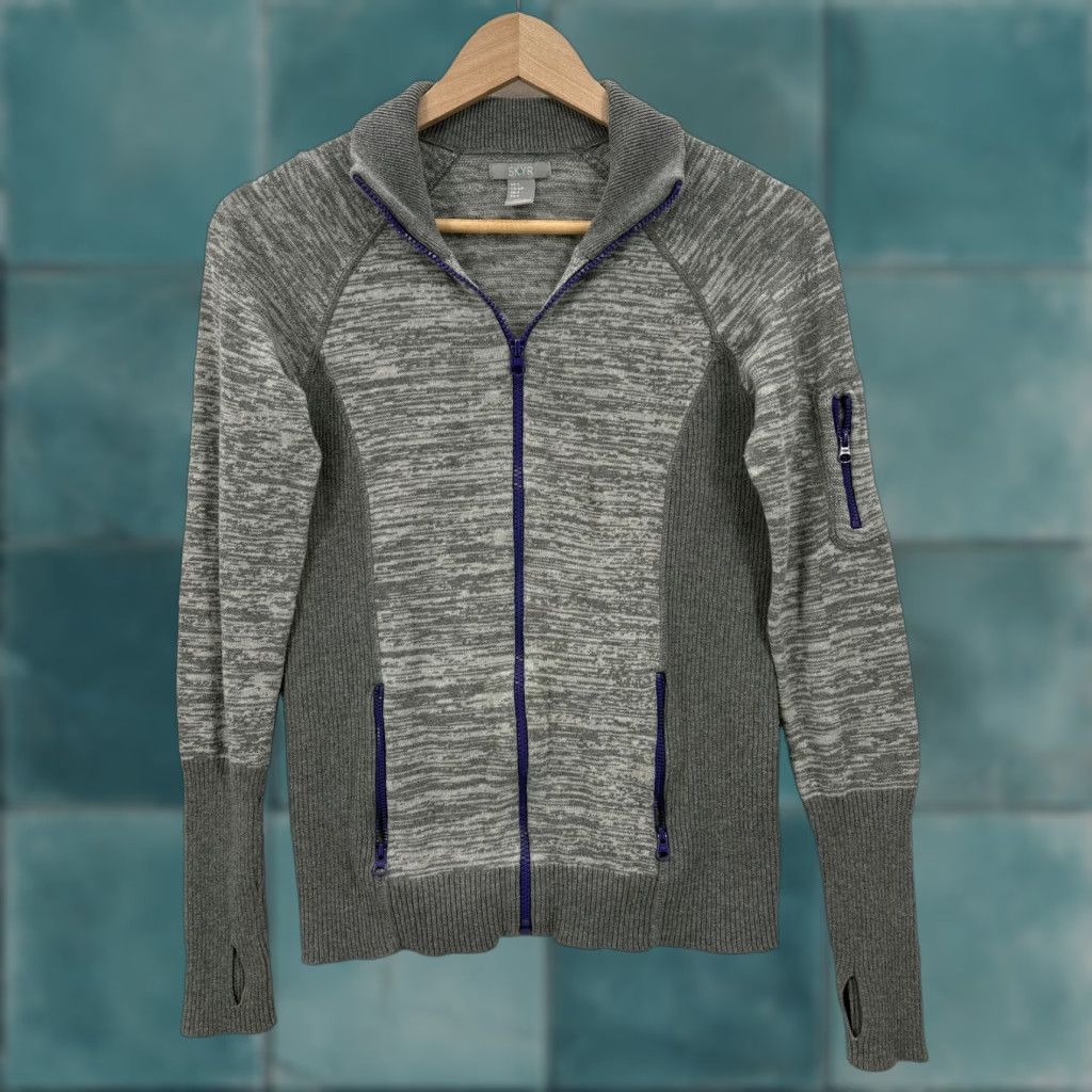 Vintage Skyr Sweater Womens Small Gray Full Zip Knit Jacket Thumbholes Pockets Raglan Size S / US 4 / IT 40 - 1 Thumbnail