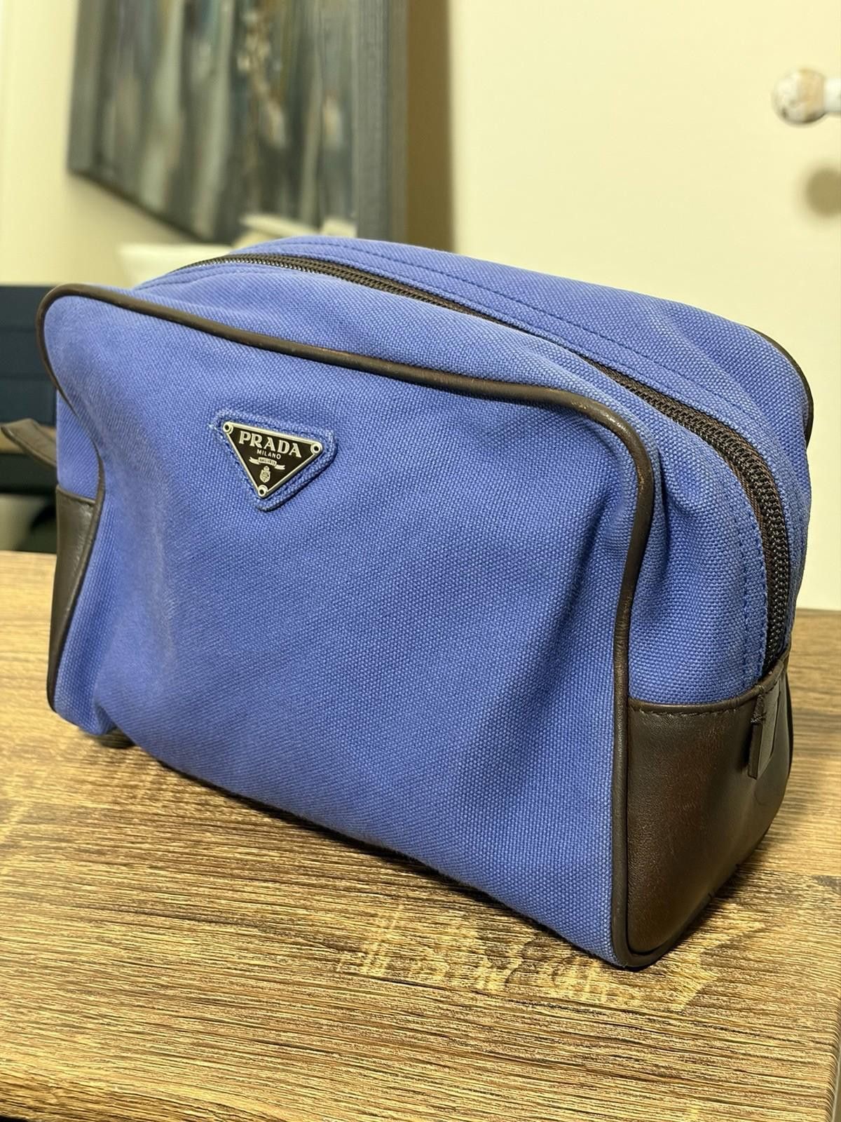Prada Prada Blue Canvas Brown Leather Logo-Lined Clutch Pouch Bag Size ONE SIZE - 1 Thumbnail