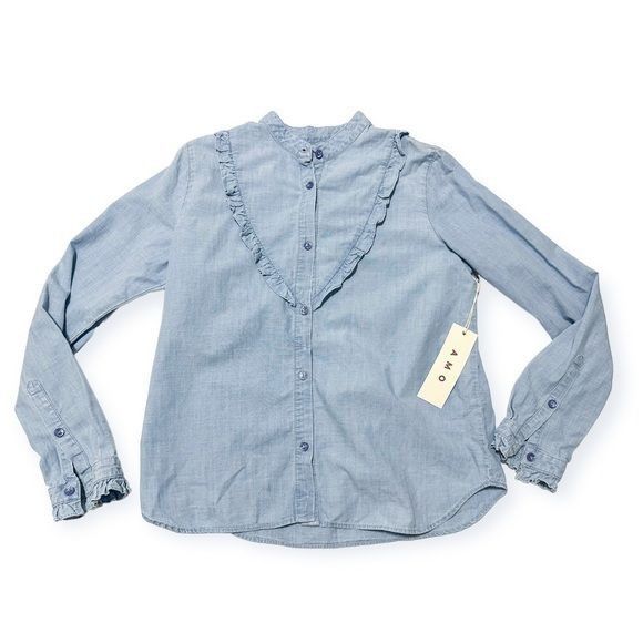 AMO AMO Cooper Ruffled Chambray Shirt, Chambray, Size M, NWT, Size M / US 6-8 / IT 42-44 - 3 Thumbnail
