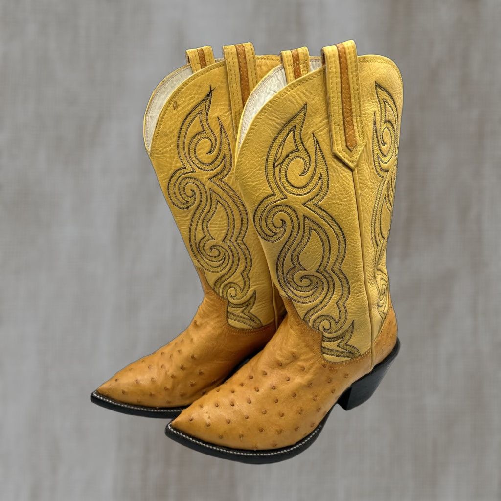 Vintage Ostrich Leather Cowboy Boots 5 Women's Full Quill Yellow Point Western Cowboy Western Leather Outsole Leather Heel Stacked Size US 5 / IT 35 - 1 Thumbnail