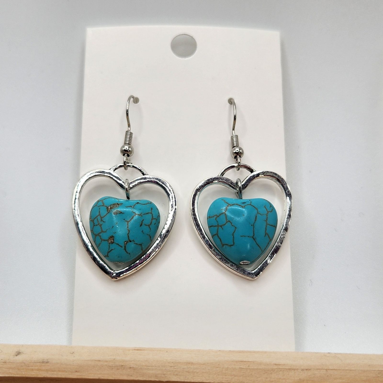 Other Turquoise Heart Dangle Earrings Silver Tone Open Heart Boho Size ONE SIZE - 2 Thumbnail