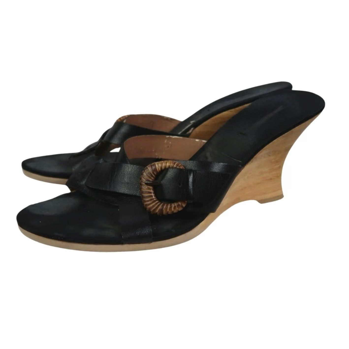 Vintage VINTAGE Black Leather Wedge Sandals Mule Heels 3.5" 10 Women Slip-On Casual Party/Cocktail Spring Summer Mens? Size US 10 / IT 40 - 3 Thumbnail