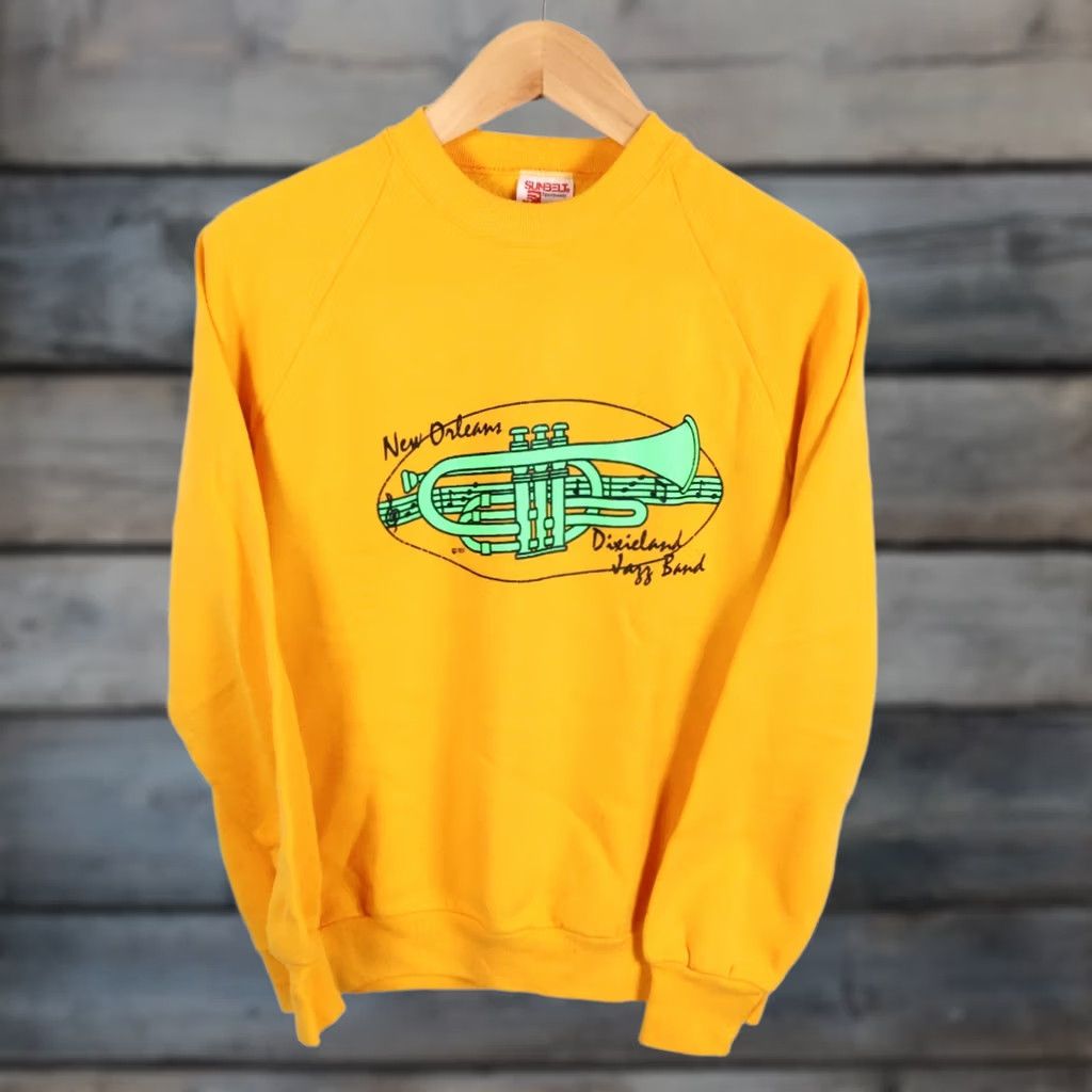 Vintage VINTAGE Sunbelt Sweatshirt Men's M Yellow 90s New Orleans Dixieland Jazz Band Graphic Print Raglan Crew Neck Size US M / EU 48-50 / 2 - 1 Thumbnail