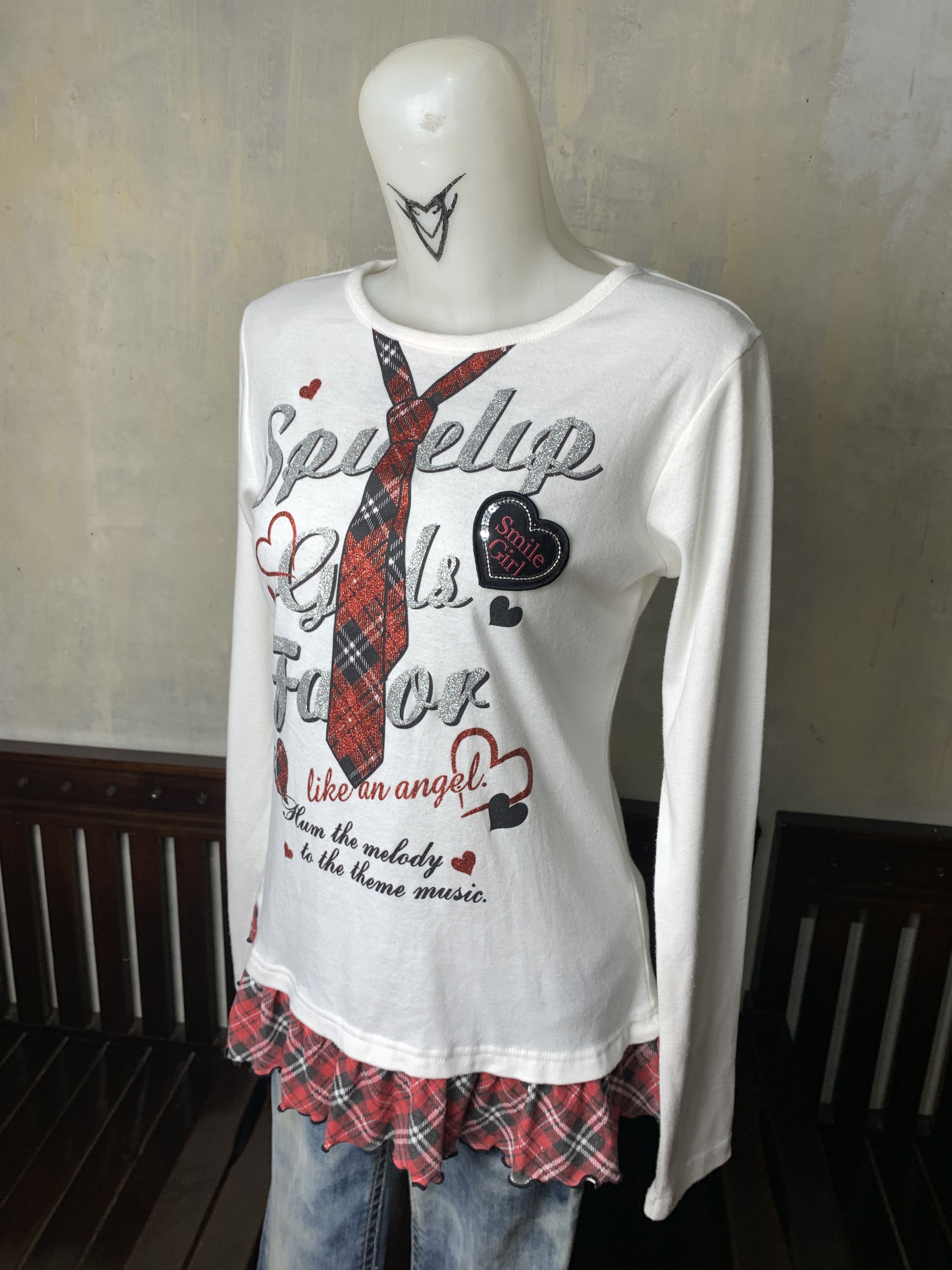 Japanese Brand Cute Pop Tie Print White Extra Hem Longsleeve Tee (M) Size M / US 6-8 / IT 42-44 - 2 Thumbnail