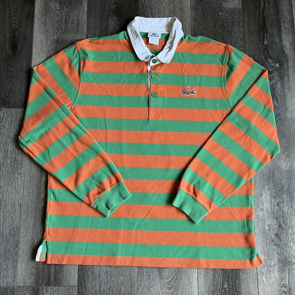 Vintage Vintage Lacoste Orange Green Striped Rugby Polo Button Shirt