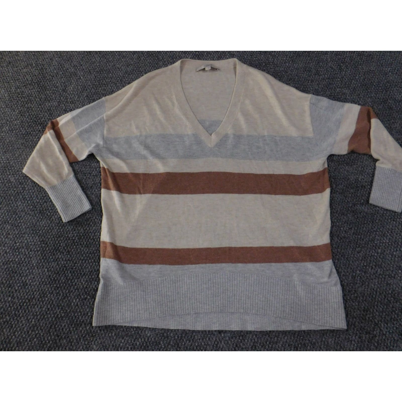 Loft LOFT Sweater Womens Small Beige Brown Striped Lightweight Casual Knit V-Neck Long Sleeve Button Pullover Regular Women Size S / US 4 / IT 40 - 3 Thumbnail