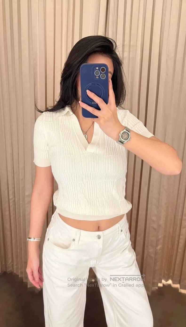 Hermes Hermes White collar knit short sleeve, mulberry silk and c Size M / US 6-8 / IT 42-44 - 5 Thumbnail