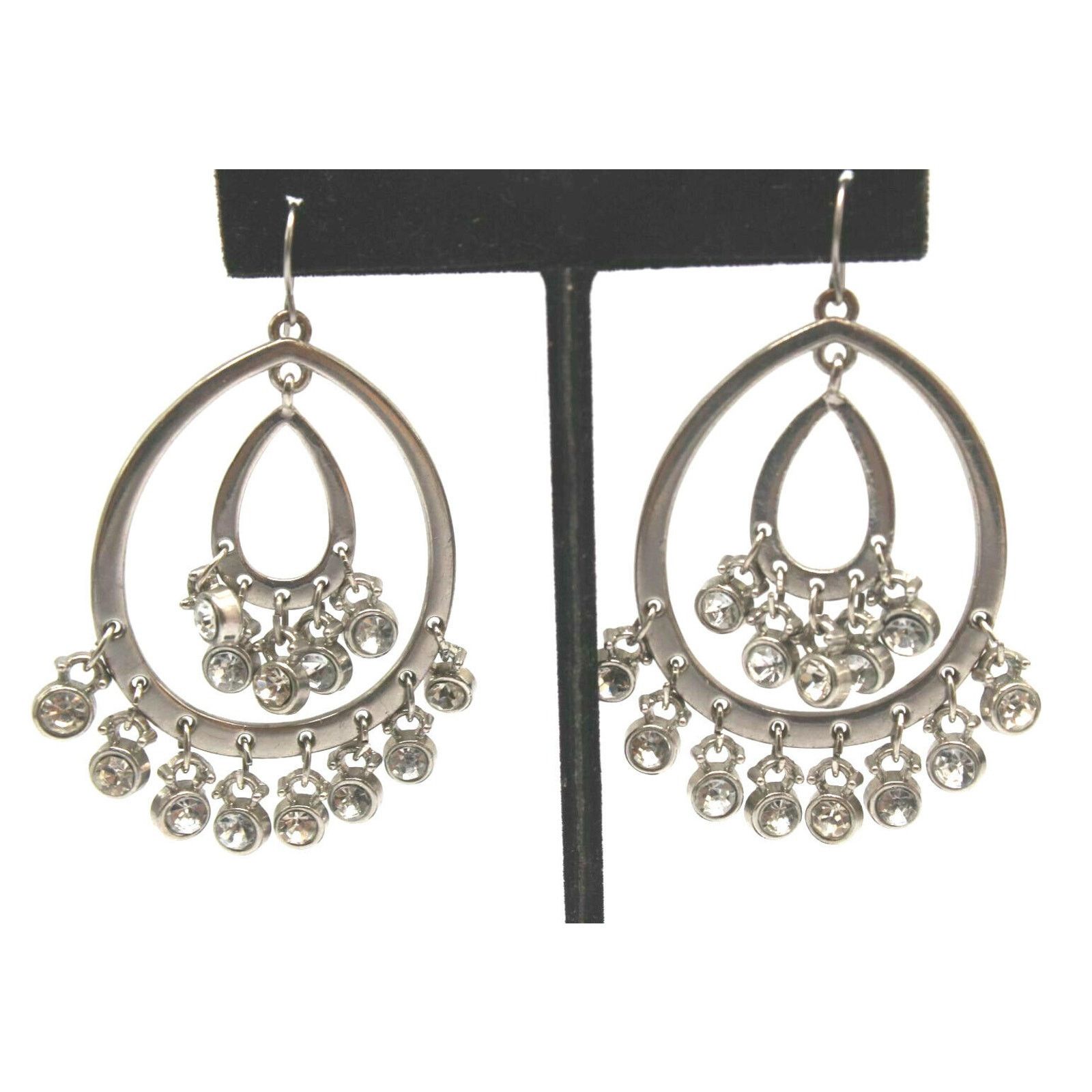Other Rhinestone Dangle Double Hoop Earrings Silvertone 2" Hook Size ONE SIZE - 1 Thumbnail