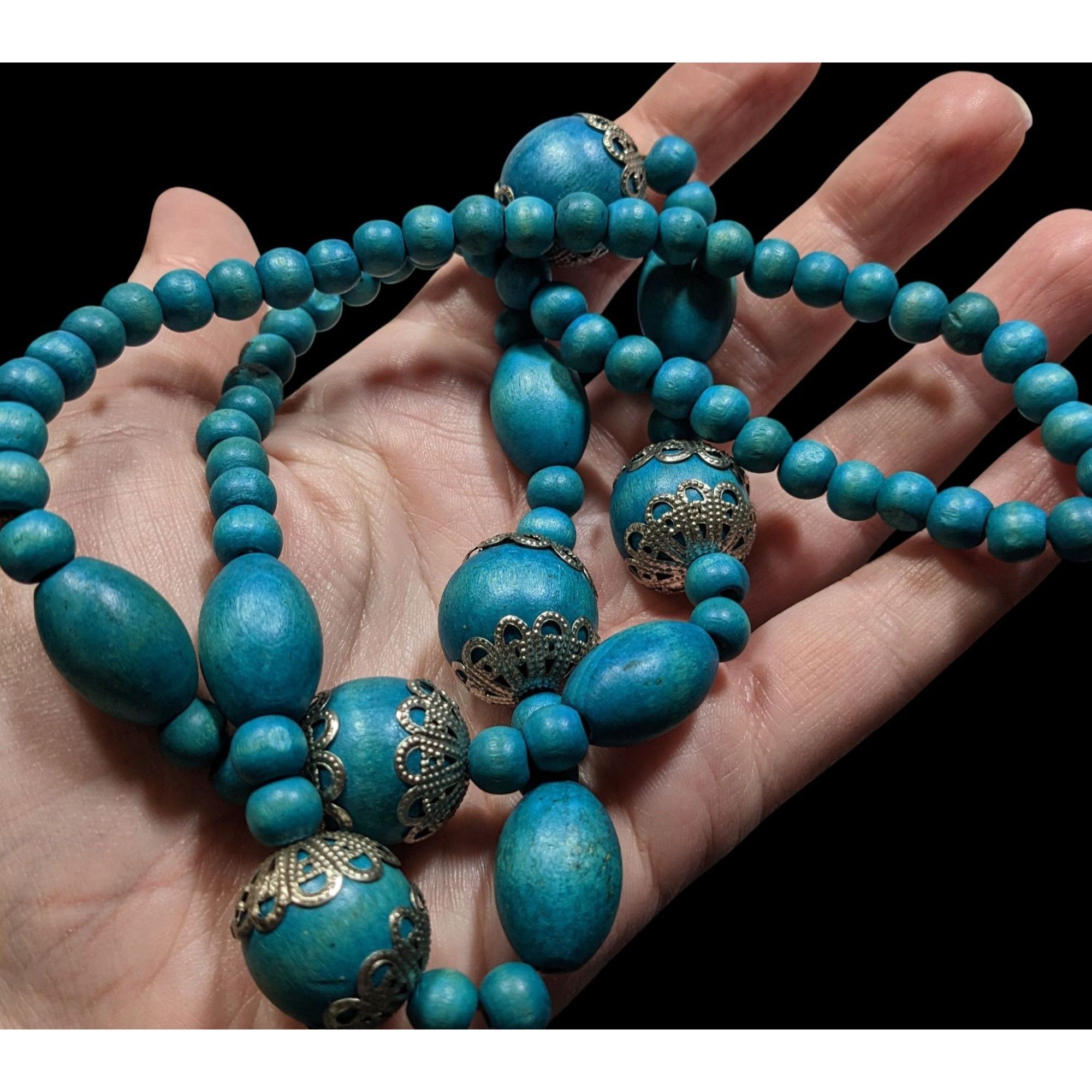 Other Vintage Bohemian Blue Wooden Beaded Necklace With Ornate Sil Size ONE SIZE - 3 Thumbnail