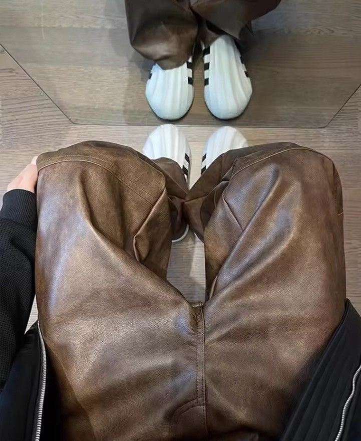 Leather Washed Brown Soft Pu Leather Pant Size US 34 / EU 50 - 5 Thumbnail