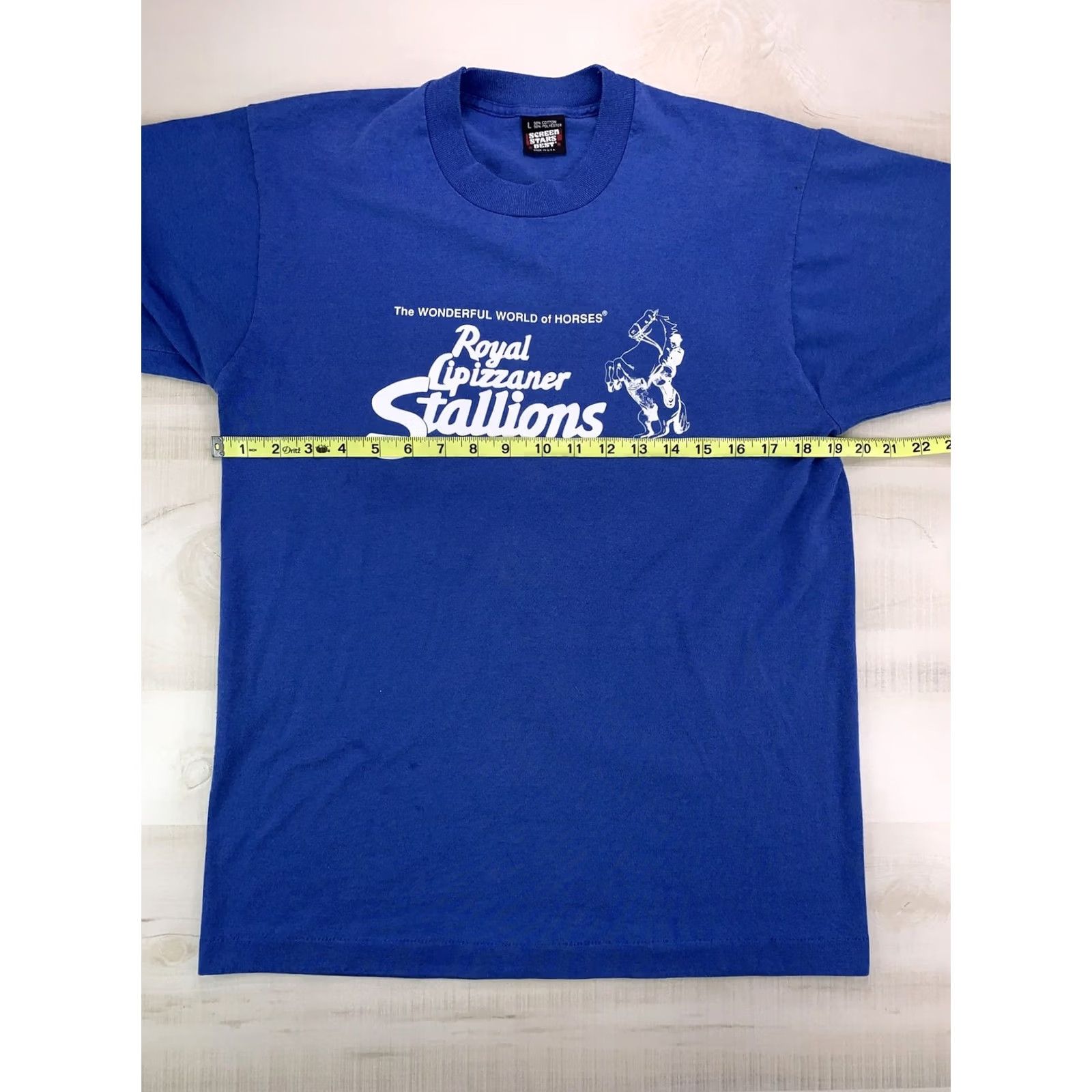 Vintage Vintage Screen Stars T-Shirt Blue L Short Sleeve Crew Neck Cotton Blend Unisex Adults Lipizzaner Stallions Graphic Stitch 80s 90s USA Mens Womens Size US L / EU 52-54 / 3 - 5 Thumbnail