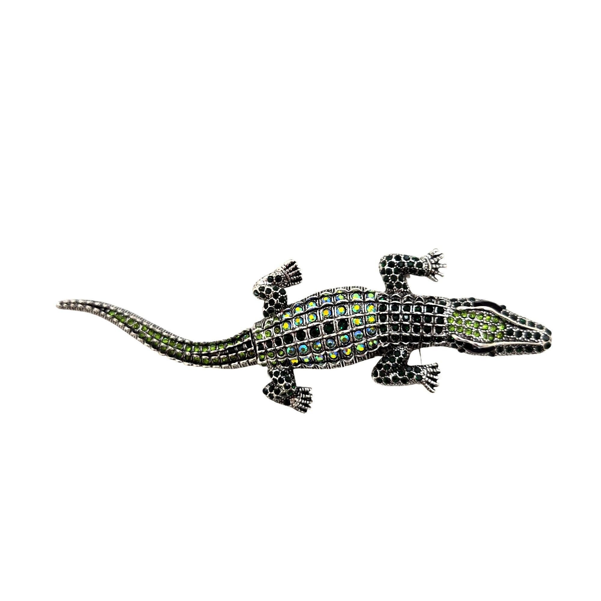 Other Rhinestone Alligator Brooch Pin Green Silver 5.7 Inches Fash Size ONE SIZE - 2 Thumbnail