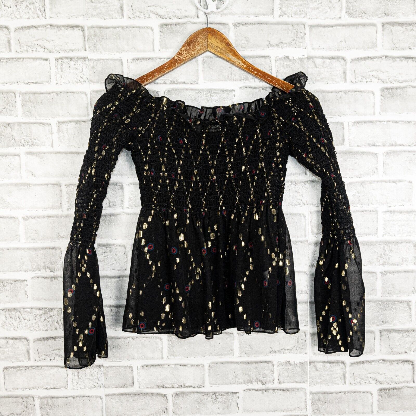 A.L.C. A.L.C. Agra Black Gold Metallic off Shoulder Blouse sheer 4 Size S / US 4 / IT 40 - 6 Thumbnail