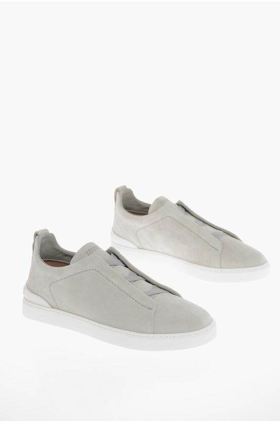 image of Ermenegildo Zegna Elastic Lace-Up Triple Stitch Suede Sneakers in Grey, Men's (Size 7)
