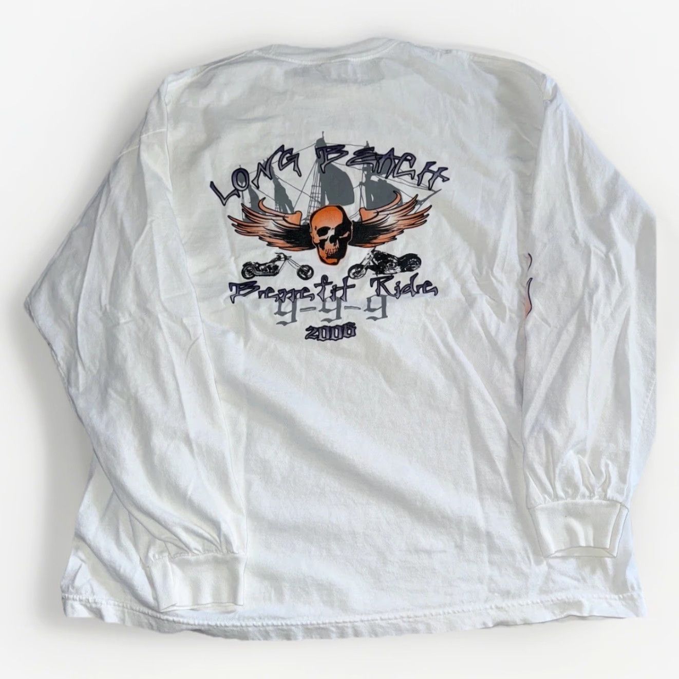 Vintage VINTAGE Y2K Motorcycle Long Sleeve Flames Skulls 2XL White Men Long Beach Graphic T-Shirt Size US XXL / EU 58 / 5 - 6 Thumbnail