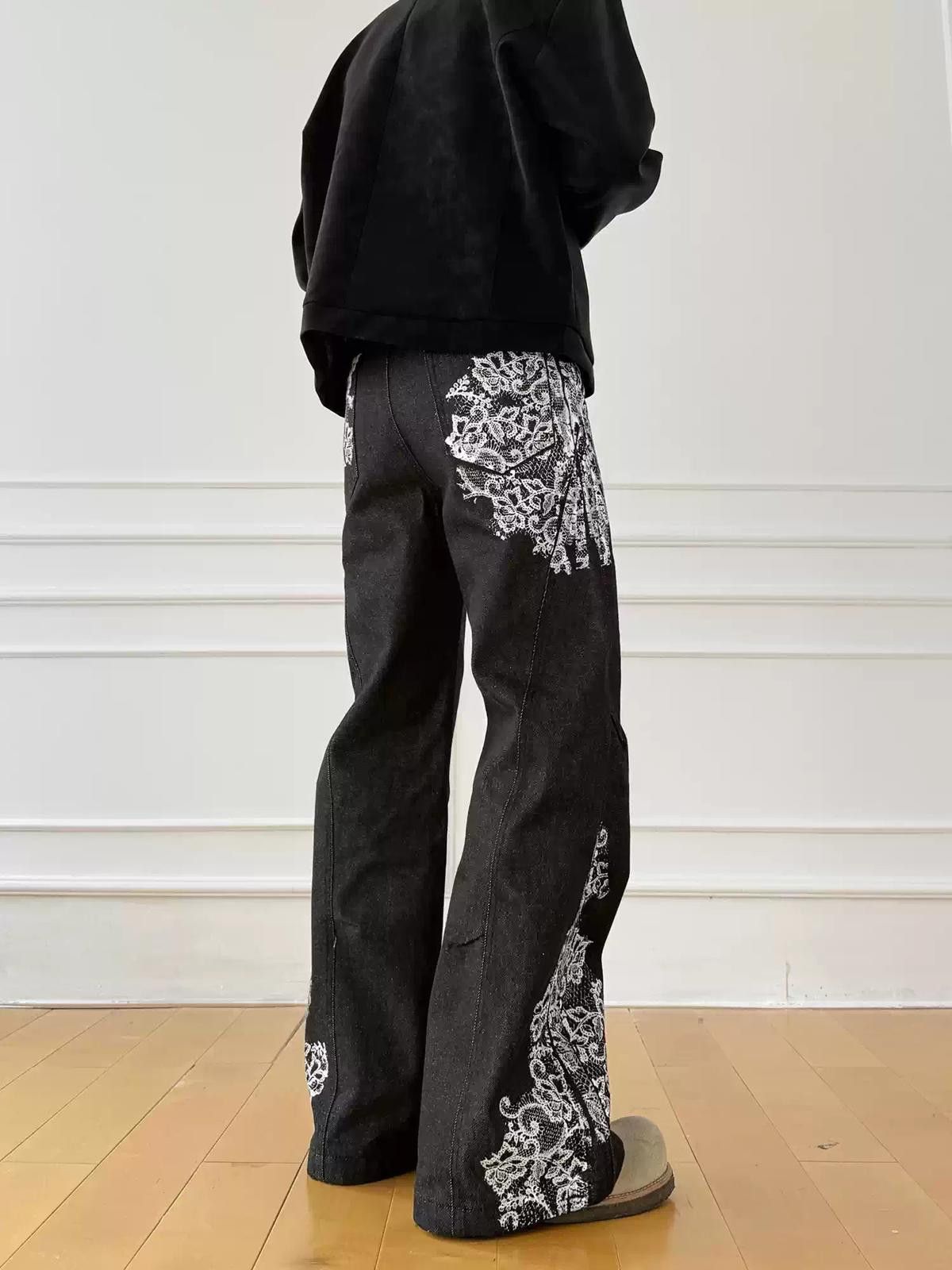 Vintage Black Wide Leg Jeans with White Floral Print, Flared Fit Size US 30 / EU 46 - 5 Thumbnail