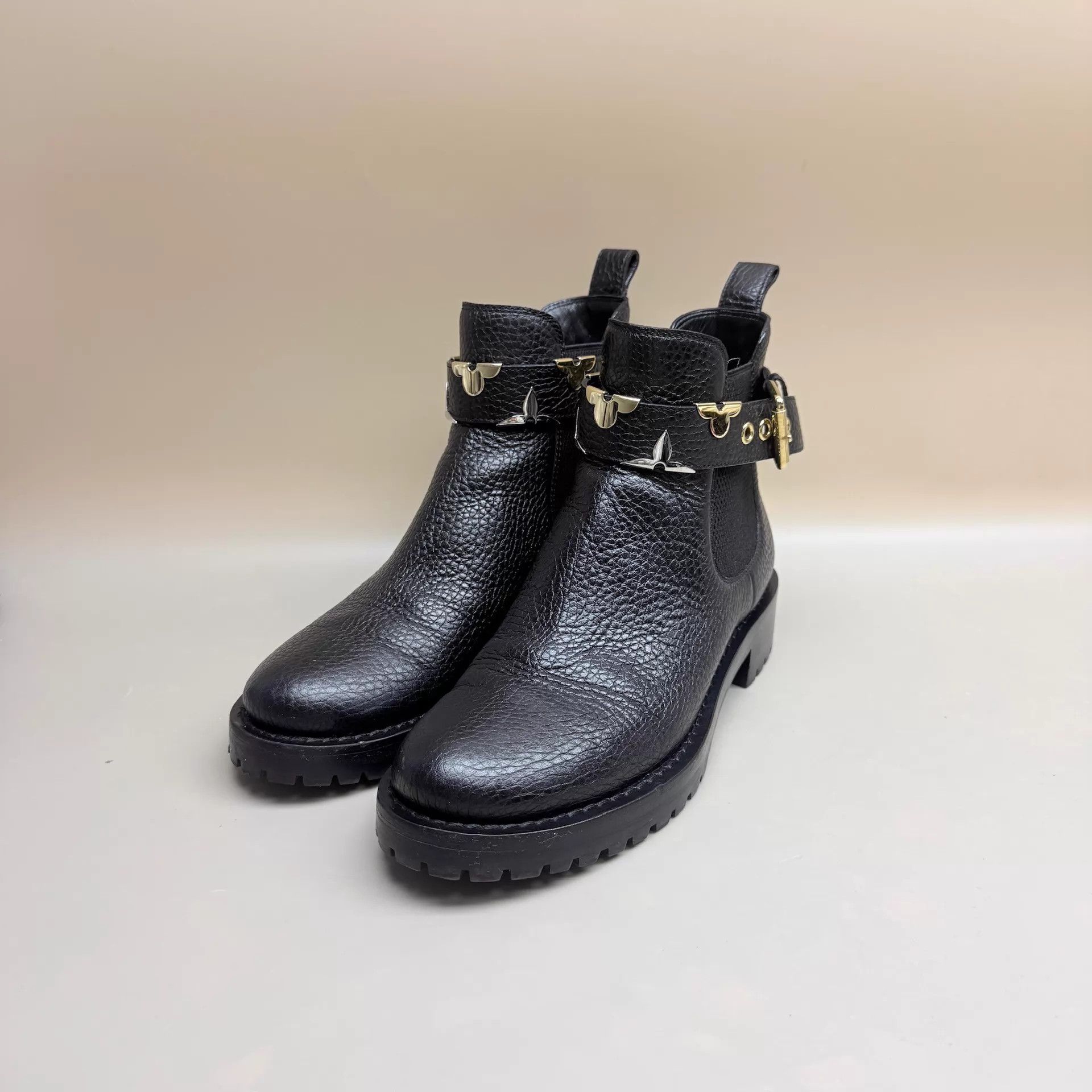 Louis Vuitton LV Black Gold Monogram Litchi Short Boots 36 95 New Size US 5.5 / IT 35.5 - 1 Thumbnail
