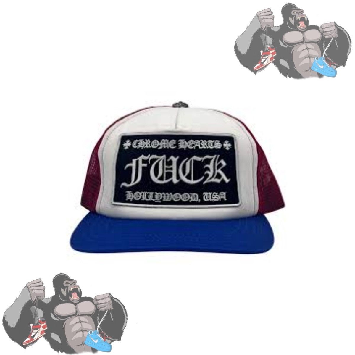 Chrome Hearts Chrome Hearts FUCK Hollywood Trucker Hat 'Blue/White/Red' Size ONE SIZE - 1 Thumbnail