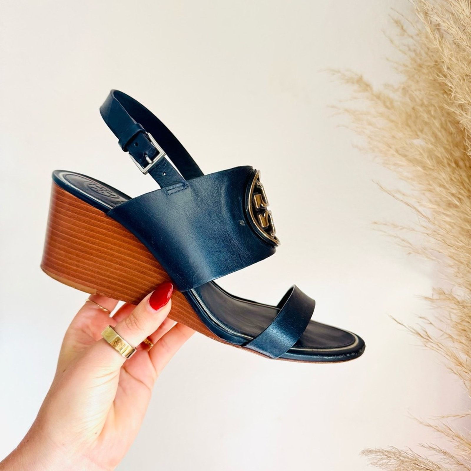 Tory Burch TORY BURCH Navy Blue Leather Silver Miller Wedge $350 Sandal Size US 8.5 / IT 38.5 - 3 Thumbnail