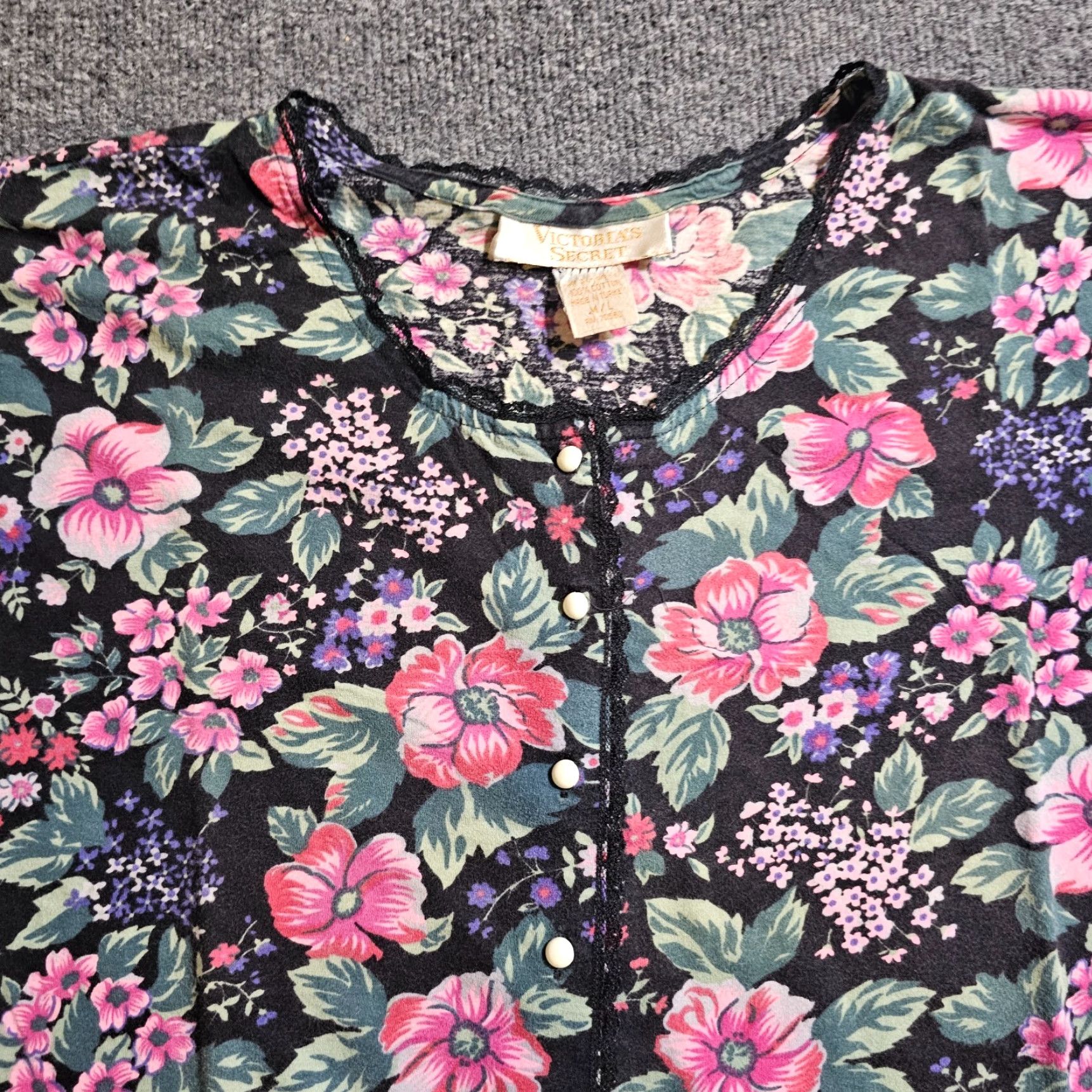 Victoria's Secret VINTAGE Victoria's Secret Nightgown Womens Large Black Floral Button Sleep Casual Size ONE SIZE - 2 Thumbnail