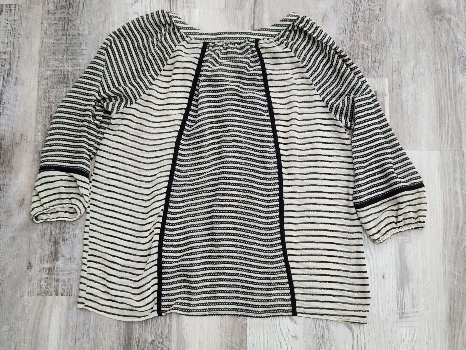 Sonic Lab Sioni Blouse Large Black Beige Striped V Neck Sheer 3/4 Size L / US 10 / IT 46 - 2 Thumbnail