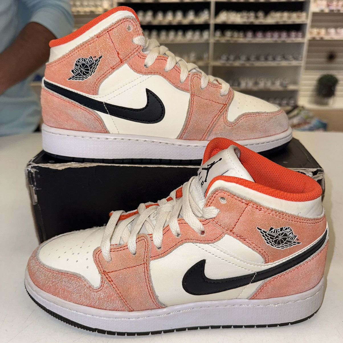 Size 5.5Y (7W) - Nike Air Jordan 1 Mid GS Team Orange White